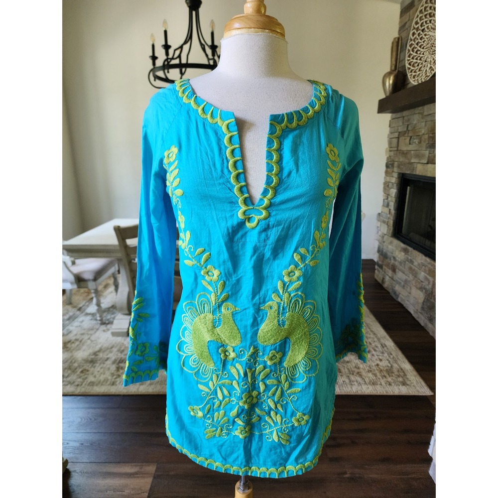 Ivy Jane Womens S Turquoise Peacock Embroidered Crinkle Cotton Boho Tunic